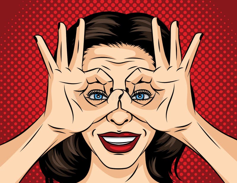 Wektorowa wystrzał sztuki komiczki stylu ilustracja młodej kobiety twarz Dziewczyna w poszukiwaniu coś Dziewczyna krzyżował ona p ilustracja wektor Wektorowa wystrzał sztuki komiczki stylu ilustracja młodej kobiety twarz Dziewczyna w poszukiwaniu coś Dziewczyna krzyżował ona p ilustracja wektor