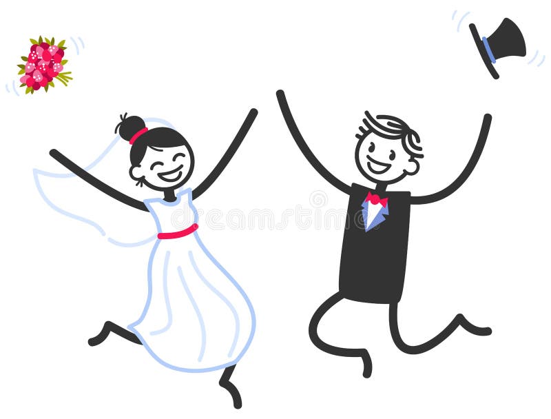 Wektorowa ślubna ilustracja szczęśliwy kij oblicza bridal pary doskakiwanie, odświętność i royalty ilustracja Wektorowa ślubna ilustracja szczęśliwy kij oblicza bridal pary doskakiwanie, odświętność i royalty ilustracja