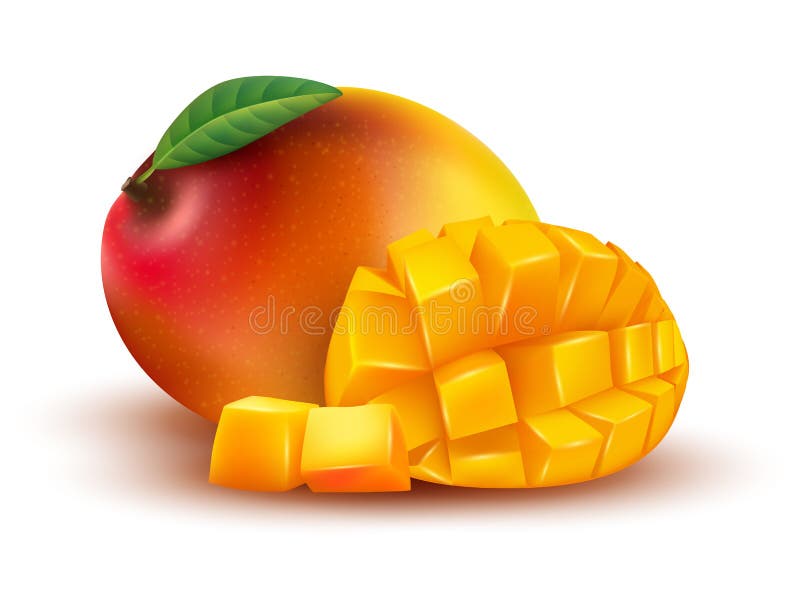 Wektorowe, dojrzałe, pomarańczowe, czerwone, całe i pocięte w plasterki kostki mango z liściem ilustracja wektor