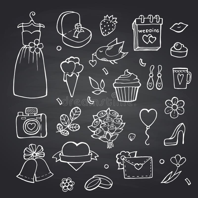 Wektorowego doodle ślubni elementy ustawiający na czarnej chalkboard tła ilustracji royalty ilustracja Wektorowego doodle ślubni elementy ustawiający na czarnej chalkboard tła ilustracji royalty ilustracja