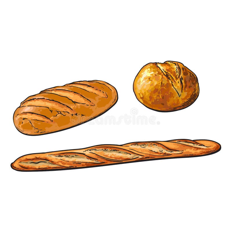 Wektorowego nakreślenie białego bochenka baguette chlebowy francuski set ilustracji Wektorowego nakreślenie białego bochenka baguette chlebowy francuski set ilustracji