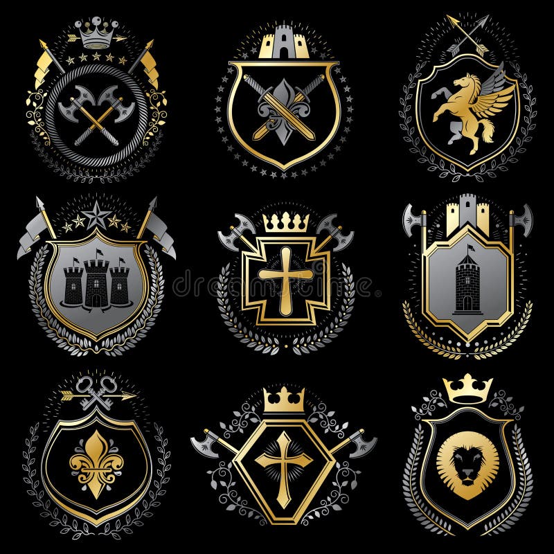Wektorowego rocznika heraldyczny żakiet ręki projektować w nagroda stylu Ja royalty ilustracja