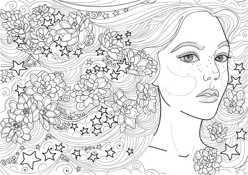 Wektorowej czarodziejskiej dziewczyny kwiatów ornamentu długie włosy gwiazda ilustracji Wektorowej czarodziejskiej dziewczyny kwiatów ornamentu długie włosy gwiazda ilustracji