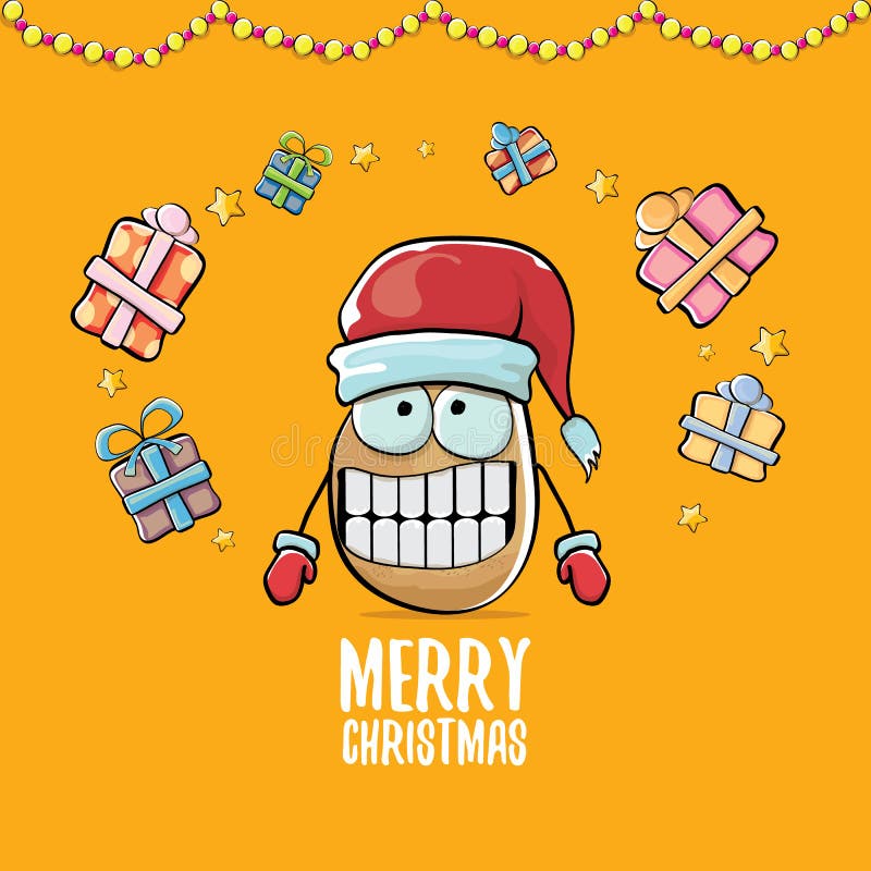 Wektorowej ostrej komicznej kreskówki śliczny brąz uśmiecha się Santa Claus gruli z czerwonym Santa kapeluszem, prezentami i kali ilustracja wektor Wektorowej ostrej komicznej kreskówki śliczny brąz uśmiecha się Santa Claus gruli z czerwonym Santa kapeluszem, prezentami i kali ilustracja wektor