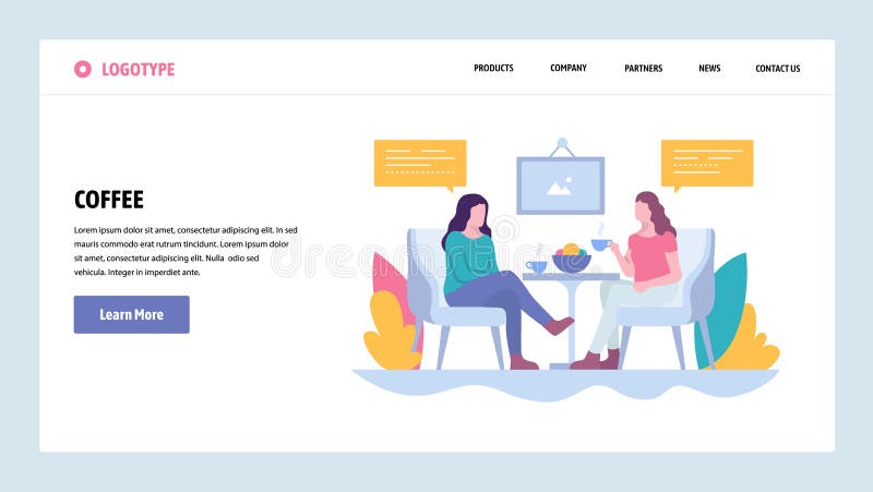 Wektorowej strony internetowej projekta gradientowy szablon Dwa dziewczyn napoju kawa w kawiarni, przerwa na lunch Desantowi stro ilustracji Wektorowej strony internetowej projekta gradientowy szablon Dwa dziewczyn napoju kawa w kawiarni, przerwa na lunch Desantowi stro ilustracji
