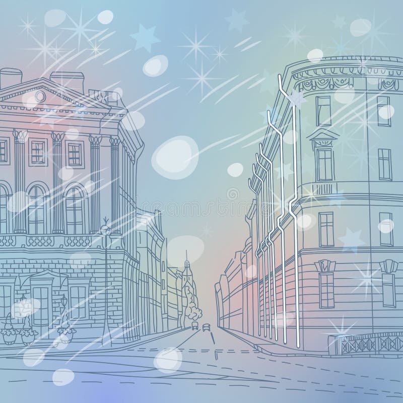 Wektorowej zimy Bożenarodzeniowy pejzaż miejski szeroka aleja royalty ilustracja Wektorowej zimy Bożenarodzeniowy pejzaż miejski szeroka aleja royalty ilustracja