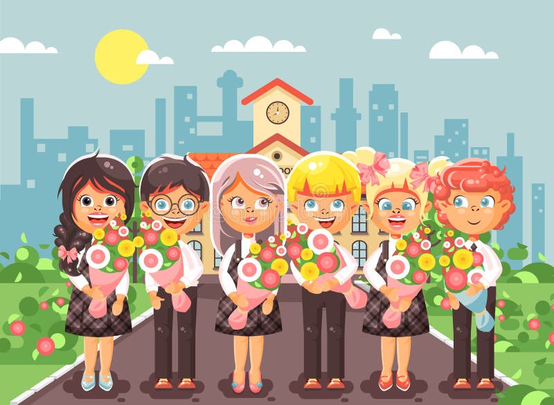 Wektorowi ilustracyjni postać z kreskówki dzieci uczni kolega z klasy uczni ucznie stoi z bukietami kwitną ilustracja wektor