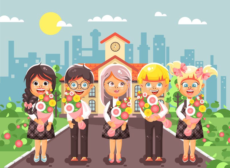 Wektorowi ilustracyjni postać z kreskówki dzieci uczni kolega z klasy uczni ucznie stoi z bukietami kwitną ilustracja wektor