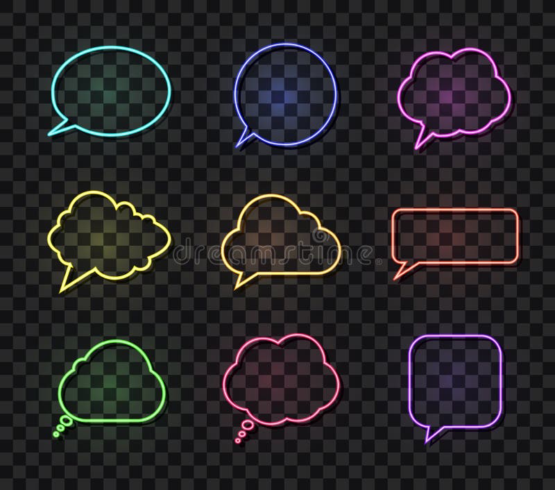 Wektorowi Neonowi rozmowa bąble Ustawiający, Różni kolor mowy pudełka, projektów elementów kolekcja, Odizolowywająca ilustracja wektor Wektorowi Neonowi rozmowa bąble Ustawiający, Różni kolor mowy pudełka, projektów elementów kolekcja, Odizolowywająca ilustracja wektor