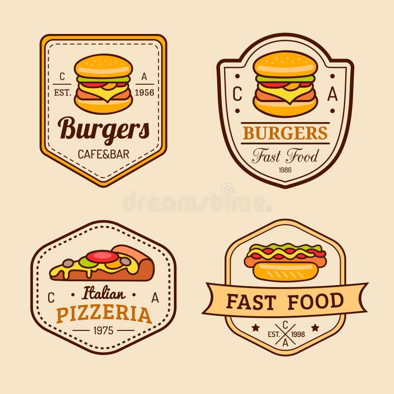 Wektorowi rocznika fasta food logowie ustawiający Retro łasowanie podpisuje kolekcję Bistra, przekąska bar, uliczne restauracyjne