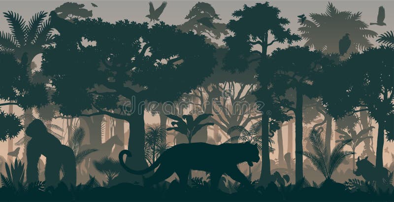 Vector African horizontal seamless tropical rainforest Jungle background with different animals. Vector African horizontal seamless tropical rainforest Jungle background with different animals