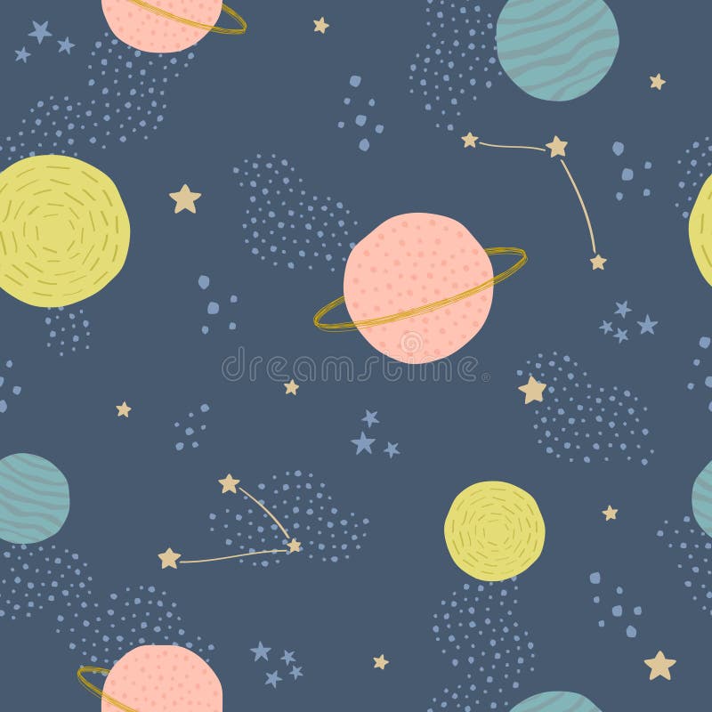 Wektorowy bezszwowy dziecięcy wzór z astronautycznymi elementami: gwiazdy, planety, asteroidy ilustracji Wektorowy bezszwowy dziecięcy wzór z astronautycznymi elementami: gwiazdy, planety, asteroidy ilustracji