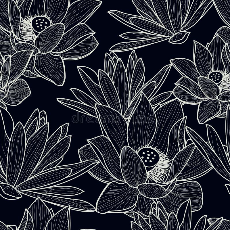 Vector seamless pattern with hand drawn beautiful lotus flower. Black and white floral line illustration background. Vector seamless pattern with hand drawn beautiful lotus flower. Black and white floral line illustration background.