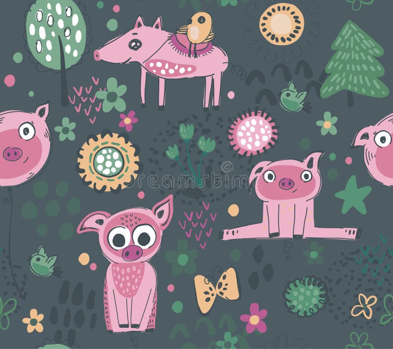 Wektorowy bezszwowy wzór z ślicznymi prosiaczkami, kwiaty, drzewa royalty ilustracja Wektorowy bezszwowy wzór z ślicznymi prosiaczkami, kwiaty, drzewa royalty ilustracja