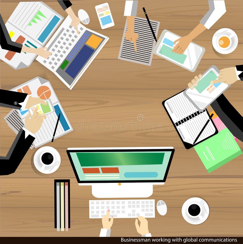 Wektorowy biznesmen pracuje i brainstroming z globalnych komunikacj drewnianym stołem ilustracja wektor Wektorowy biznesmen pracuje i brainstroming z globalnych komunikacj drewnianym stołem ilustracja wektor