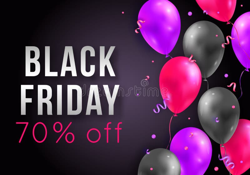 Wektorowy Black Friday sprzedaży plakat z błyszczącymi balonami, faborkami i confetti, Szablon dla reklamowych plakatów, sztandar ilustracji Wektorowy Black Friday sprzedaży plakat z błyszczącymi balonami, faborkami i confetti, Szablon dla reklamowych plakatów, sztandar ilustracji