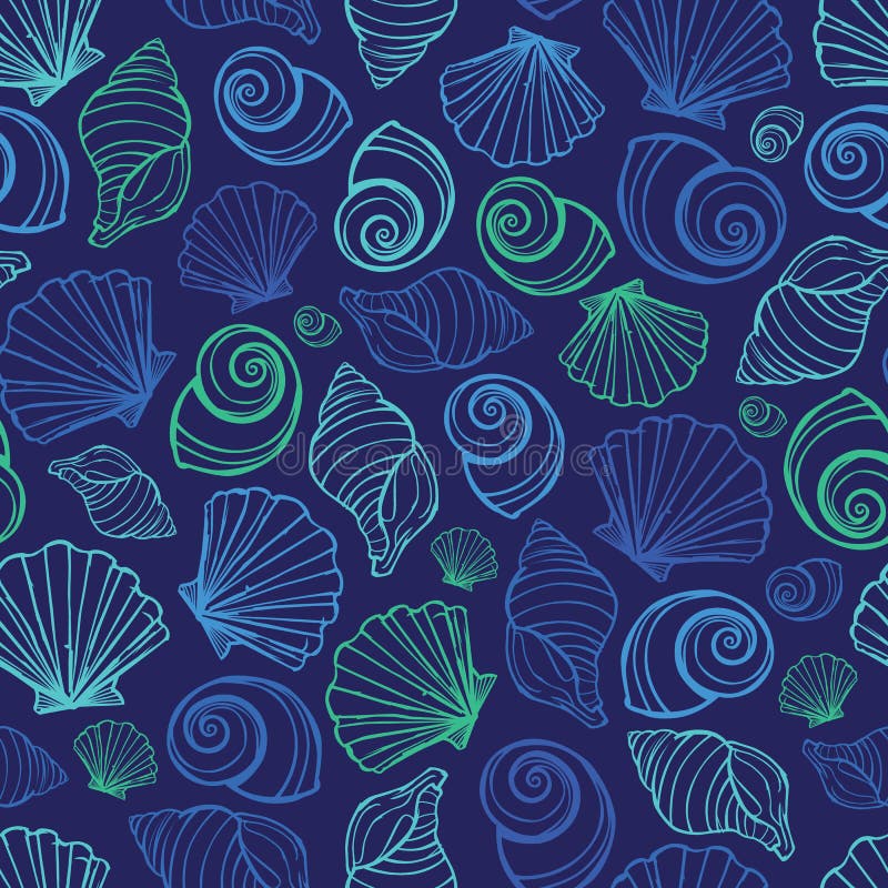 Wektorowy błękitny seashells powtórki wzór Stosowny dla opakunku, tkaniny i tapety prezenta, royalty ilustracja Wektorowy błękitny seashells powtórki wzór Stosowny dla opakunku, tkaniny i tapety prezenta, royalty ilustracja