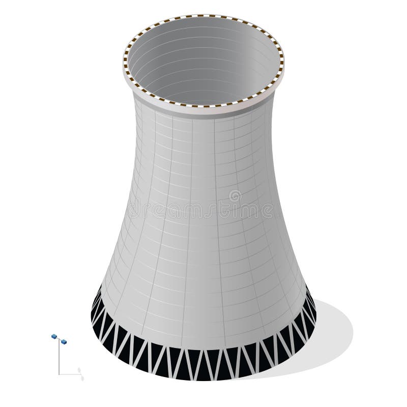 Vector cooling tower of power plant. Concrete thermal power plant tower in isometric perspective with street lamps. Industrial architecture, power station tower, cylindrical building. Vector cooling tower of power plant. Concrete thermal power plant tower in isometric perspective with street lamps. Industrial architecture, power station tower, cylindrical building.