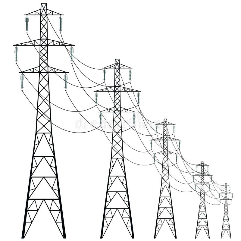 Vector high voltage pylons on white background. Isolated colonnade of metal poles voltage. Surface industrial illustration. Power line pylons with safety locks. Nuclear facilities and power arteries. Vector high voltage pylons on white background. Isolated colonnade of metal poles voltage. Surface industrial illustration. Power line pylons with safety locks. Nuclear facilities and power arteries.