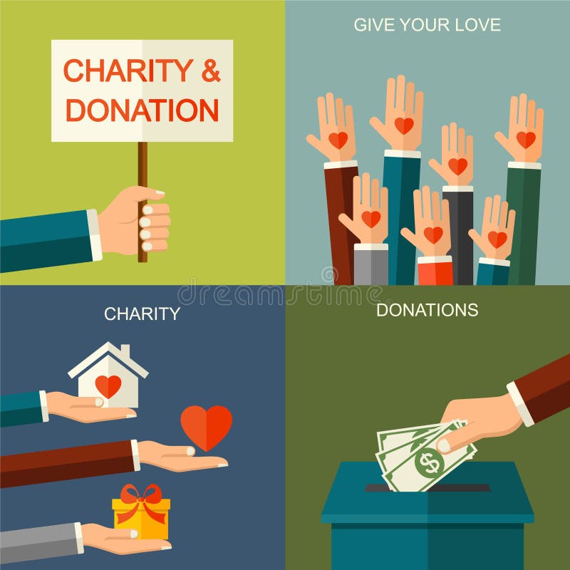 Wektorowy dobroczynności i darowizny pojęcie Sztandar ilustracja z ogólnospołecznymi ikonami i symbolami dobroczynności i darowiz