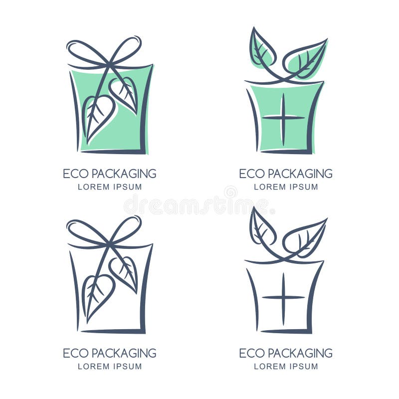 Wektorowy eco pakuje loga, ikony lub emblemata projekta szablon, Nakreślenia pudełka ilustracja z łękiem od zielonych liści