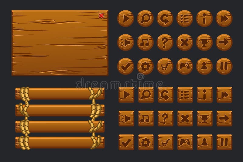 Wektorowy gemowy ui duży zestaw Szablonu drewniany menu graficzny interfejs użytkownika GUI i guziki budować 2D gry