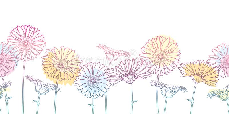 Wektorowy horyzontalny bezszwowy wzór z konturu Gerber, Gerbera kwiatem w na białym tle lub royalty ilustracja Wektorowy horyzontalny bezszwowy wzór z konturu Gerber, Gerbera kwiatem w na białym tle lub royalty ilustracja