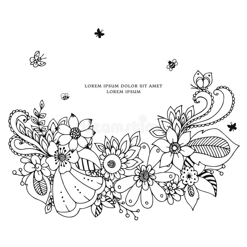 Wektorowy ilustracyjny kwiecisty ramowy zentangle, doodling Zenart, doodle, kwiaty, motyle piękni, delikatny, czarny white