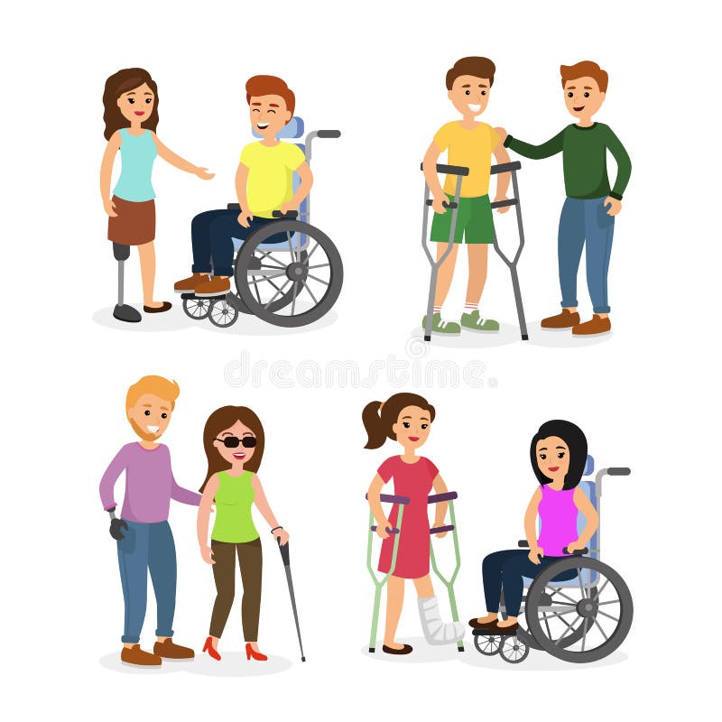 Wektorowy ilustracyjny ustawiający niepełnosprawni i upośledzający z ludźmi w wózkach inwalidzkich na szczudłach ślepi kobiety w ilustracji Wektorowy ilustracyjny ustawiający niepełnosprawni i upośledzający z ludźmi w wózkach inwalidzkich na szczudłach ślepi kobiety w ilustracji