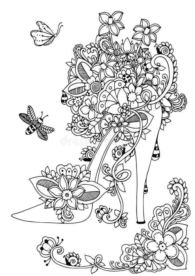 Wektorowy ilustracyjny zentangl, kobiet s buty z kwiatami i kwiecisty, Doodle rysunek Kolorystyki książki anty stres dla