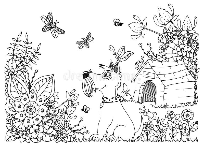 Wektorowy ilustracyjny zentangl, psia psiarnia w kwiatach, i Doodle kwiecisty rysunek Medytacyjni ćwiczenia książkowa kolorowa ko