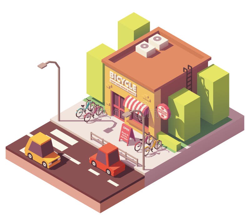 Wektorowy isometric bicyklu sklep ilustracja wektor