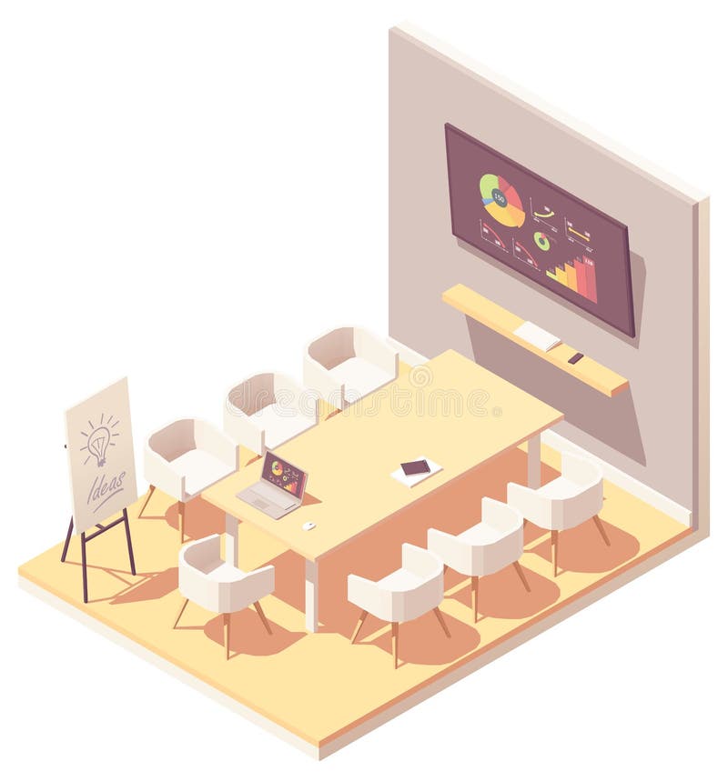 Vector isometric office conference or meeting room interior. Big desk, chairs, tv screen showing presentation charts, laptop. Vector isometric office conference or meeting room interior. Big desk, chairs, tv screen showing presentation charts, laptop