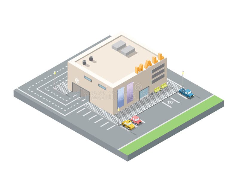 Wektorowy isometric niski poli- centrum handlowe, centrum handlowe z podziemnym samochodowym parking royalty ilustracja Wektorowy isometric niski poli- centrum handlowe, centrum handlowe z podziemnym samochodowym parking royalty ilustracja