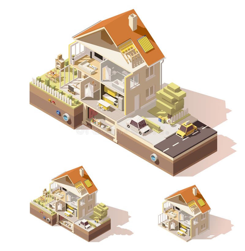 Vector isometric low poly house cutaway. Vector isometric low poly house cutaway