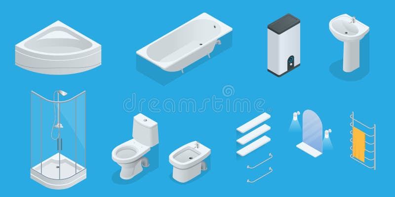 Wektorowy isometric set łazienka meble Jacuzzi, skąpanie, bojler, washbasin, prysznic, prysznic, toaleta, bidet, suszarka royalty ilustracja Wektorowy isometric set łazienka meble Jacuzzi, skąpanie, bojler, washbasin, prysznic, prysznic, toaleta, bidet, suszarka royalty ilustracja