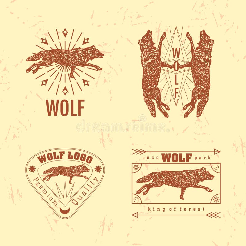 Wektorowy kolorowy logo ustawiający z lasowym wilkiem royalty ilustracja Wektorowy kolorowy logo ustawiający z lasowym wilkiem royalty ilustracja