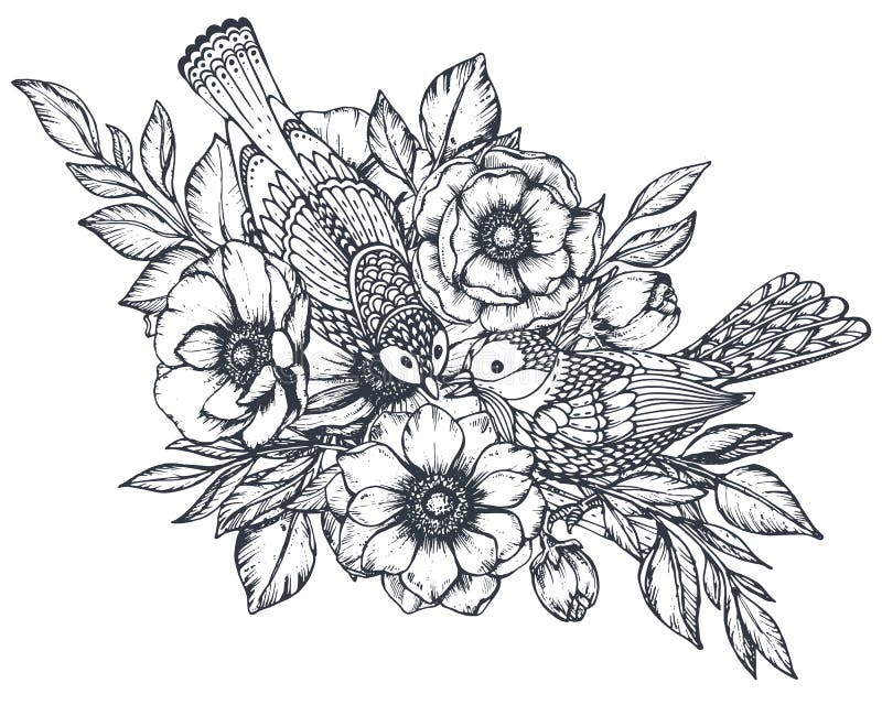 Wektorowy kwiecisty skład ręka rysujący anemonów kwiaty i ozdobni ptaki ilustracja wektor Wektorowy kwiecisty skład ręka rysujący anemonów kwiaty i ozdobni ptaki ilustracja wektor