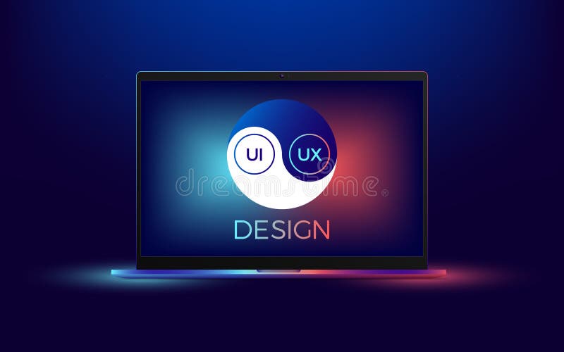 Vector laptop with UI and UX Yin Yang. Illustration of computer notebook with Yin Yang symbol, concept of interdependent relations between User Interface and User Experience Design. Vector laptop with UI and UX Yin Yang. Illustration of computer notebook with Yin Yang symbol, concept of interdependent relations between User Interface and User Experience Design