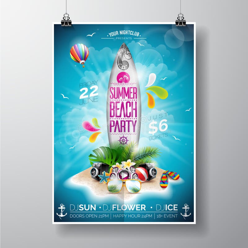 Wektorowy lato plaży przyjęcia ulotki projekt z kipieli deską i raj wyspa na oceanie kształtujemy teren tło ilustracji Wektorowy lato plaży przyjęcia ulotki projekt z kipieli deską i raj wyspa na oceanie kształtujemy teren tło ilustracji