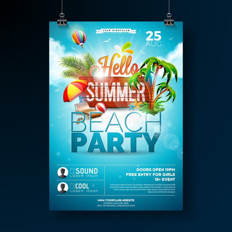 Vector Summer Beach Party Flyer Design with typographic elements on wood texture background. Summer nature floral elements, tropical plants, flower, beach ball and sunshade with blue cloudy sky. Design template for banner, flyer, invitation, poster. Vector Summer Beach Party Flyer Design with typographic elements on wood texture background. Summer nature floral elements, tropical plants, flower, beach ball and sunshade with blue cloudy sky. Design template for banner, flyer, invitation, poster