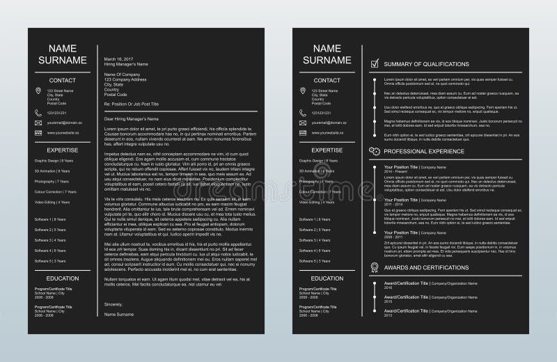 Wektorowy Minimalistyczny Kreatywnie Okładkowy list I Jeden strony Resume/CV szablon Na węgla drzewnego tle ilustracja wektor