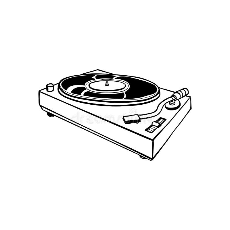 Wektorowy nakreślenie winyl, dj turnable. Nakreślenie rocznika winylowy gracz z igłą lub dj świetlicowym turnable wyposażeniem w czarnej sylwetki ikonie Retro rozsądny wyposażenie, muzykalny bawić się narzędzie dla przyjęcia również zwrócić corel ilustracji wektora