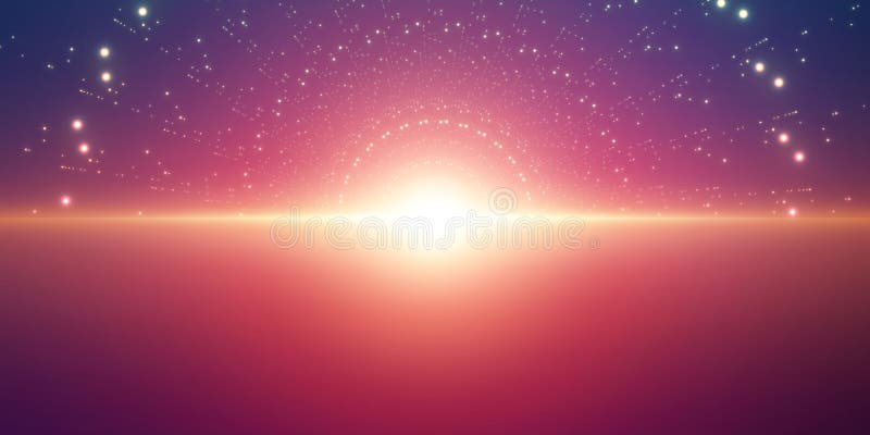 Vector infinite space background. Matrix of glowing stars with illusion of depth and perspective. Abstract cyber fiery sunrise over sea. Abstract futuristic universe on dark violet background. Vector infinite space background. Matrix of glowing stars with illusion of depth and perspective. Abstract cyber fiery sunrise over sea. Abstract futuristic universe on dark violet background.