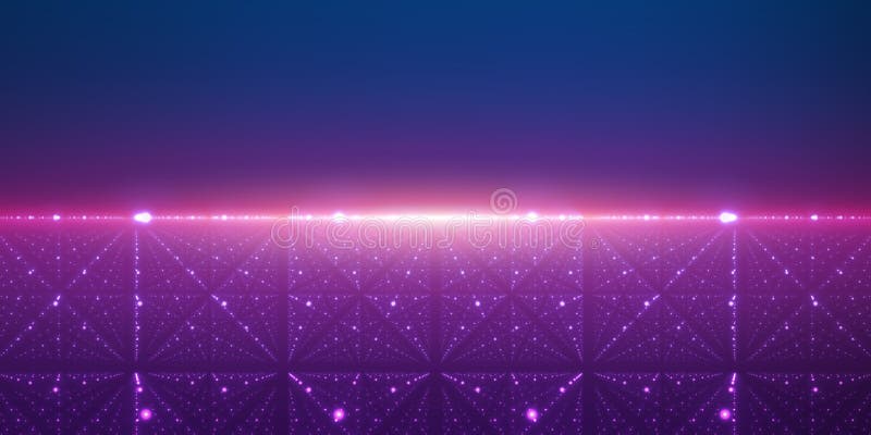 Vector infinite space background. Matrix of glowing stars with illusion of depth and perspective. Abstract cyber fiery sunrise. Abstract futuristic universe on dark violet background. Vector infinite space background. Matrix of glowing stars with illusion of depth and perspective. Abstract cyber fiery sunrise. Abstract futuristic universe on dark violet background.