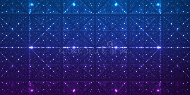 Vector infinite space background. Matrix of glowing stars with illusion of depth and perspective. Geometric backdrop with point array as lattice nodes. Abstract futuristic universe on dark background. Vector infinite space background. Matrix of glowing stars with illusion of depth and perspective. Geometric backdrop with point array as lattice nodes. Abstract futuristic universe on dark background.
