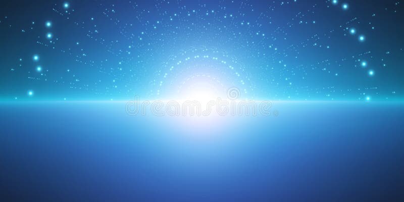 Vector infinite space background. Matrix of glowing stars with illusion of depth and perspective. Abstract cyber fiery sunrise over sea. Abstract futuristic universe on light blue background. Vector infinite space background. Matrix of glowing stars with illusion of depth and perspective. Abstract cyber fiery sunrise over sea. Abstract futuristic universe on light blue background.