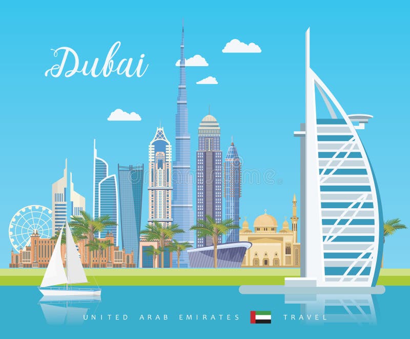 Wektorowy podróż plakat Zjednoczone Emiraty Arabskie Dubaj 1 lotu ptaka s UAE szablon z nowożytnymi budynkami i meczet w świetle
