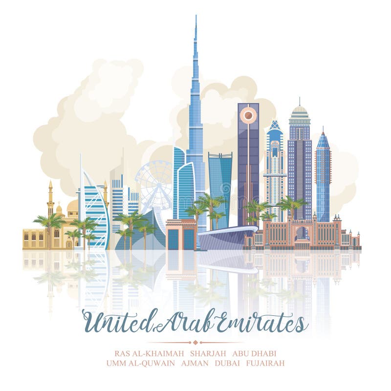 Wektorowy podróż plakat Zjednoczone Emiraty Arabskie z lustrzanym skutkiem UAE szablon z nowożytnymi budynkami i meczet w świetle