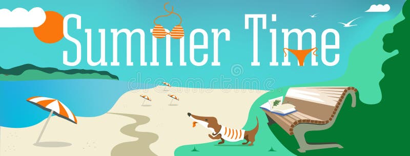 Wektorowy projekta sztandar z tekstem Ja jest lata czasem Ilustracja skorupy, swimsuit, parasol, pies, piasek, chmury plażowi ele ilustracja wektor Wektorowy projekta sztandar z tekstem Ja jest lata czasem Ilustracja skorupy, swimsuit, parasol, pies, piasek, chmury plażowi ele ilustracja wektor